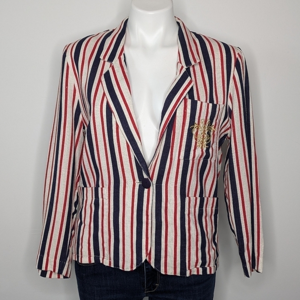 Vintage Danielle red white blue striped single button business career jacket L
